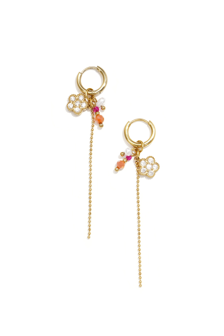 Boucles d'oreilles avec perles, chaîne et pendentif fleur