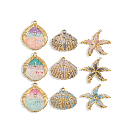 Pendentif femme en acier inoxydable doré, étanche, orné d'un coquillage coloré (1 pièce)