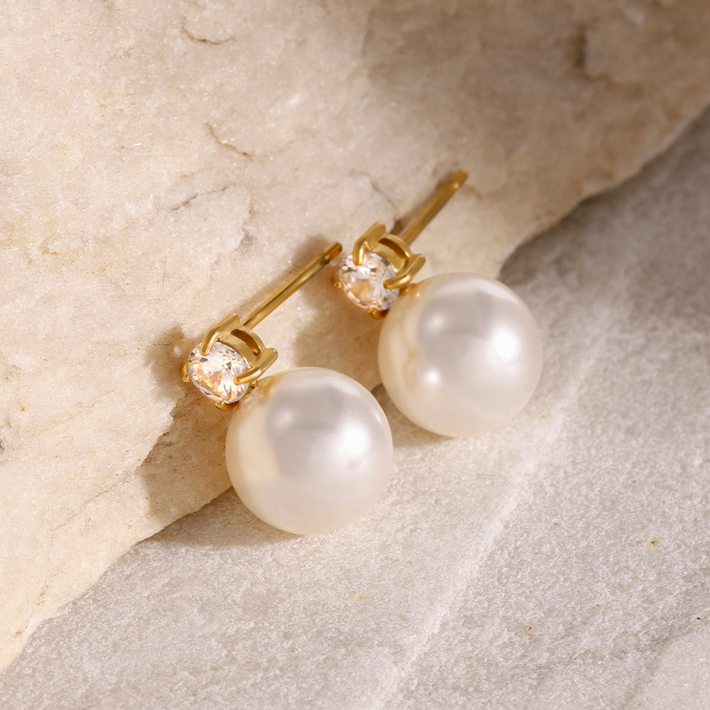 1 Paire De Boucles D'Oreilles À Tige Élégantes En Acier Inoxydable Plaqué Or Avec Perles Artificielles Pour Femmes, Série Simple