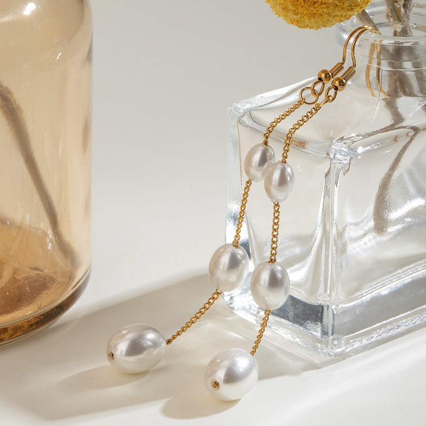 Boucles D'Oreilles Élégantes Et Simples À Pompon, En Acier Inoxydable Plaqué Or, Avec Perles Artificielles. Image3