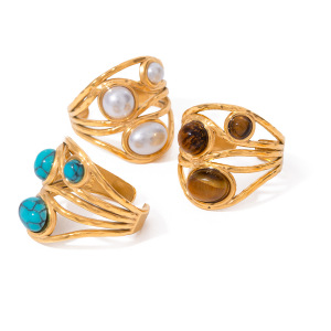 1 Paire De Bagues Ajustables Rétro Géométriques En Acier Inoxydable Plaqué Or Avec Pierres Précieuses Artificielles Pour Femmes, Série Classique h5 Image4