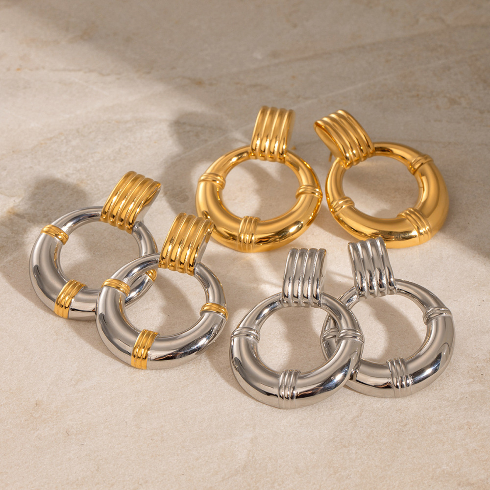 1 Paire De Boucles D'Oreilles Puces Pour Femme, Style Rétro Géométrique Simple, En Acier Inoxydable Plaqué Or.