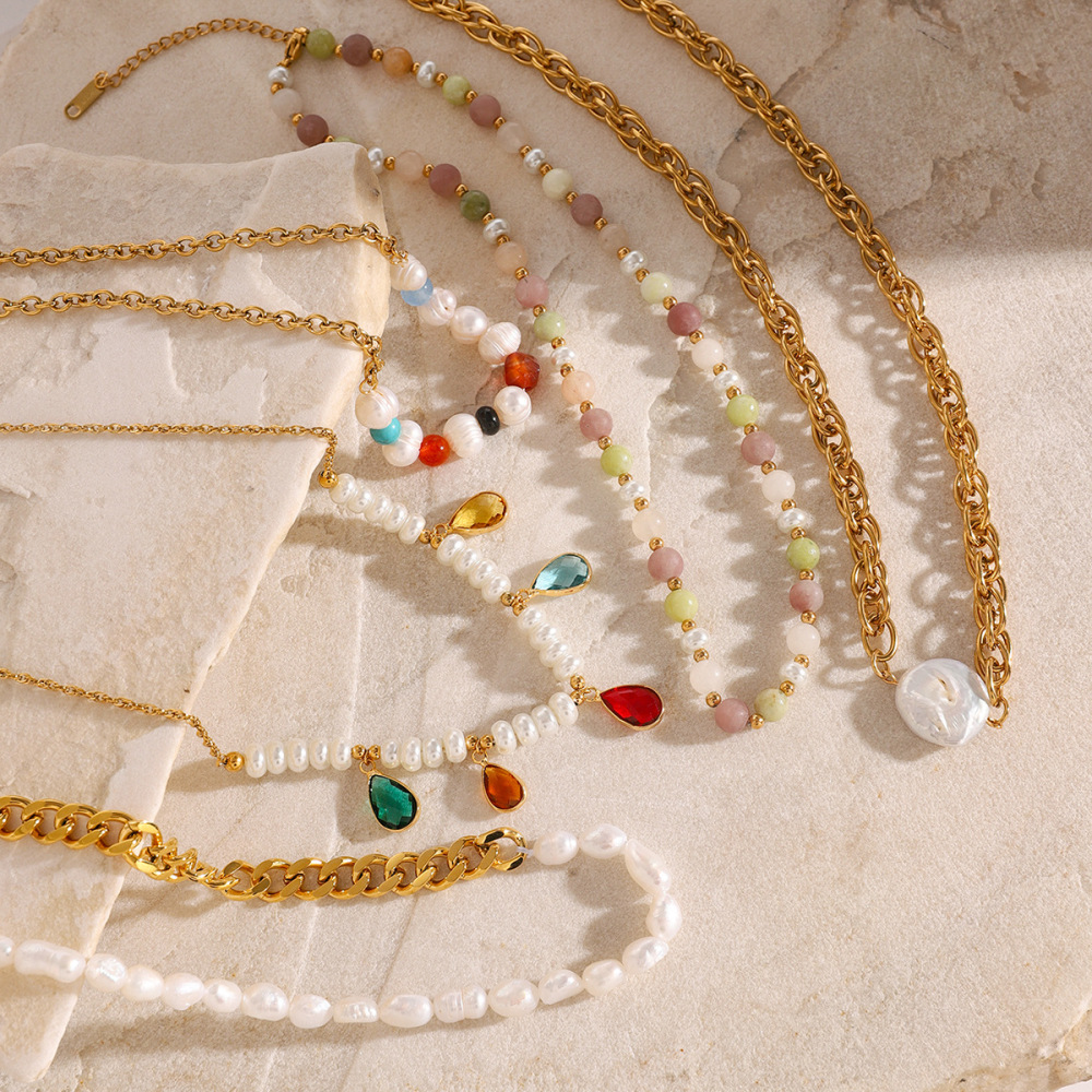 Collier De Perles Élégant En Acier Inoxydable Plaqué Or  Pour Femme, Série Simple, 1 Pièce Image2