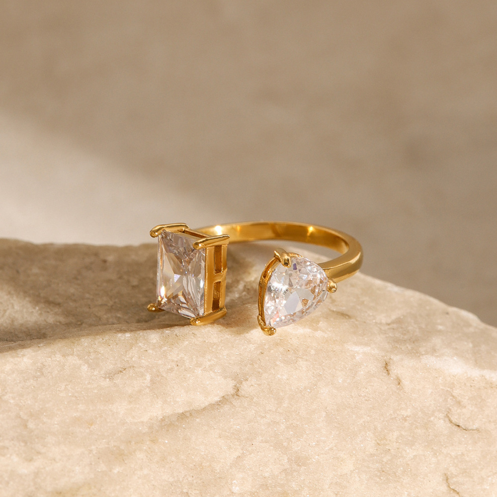 Bague Ajustable Pour Femme, En Acier Inoxydable Délicat, Étanche, Plaquée Or Et Ornée De Zircon (1 Pièce). h5Image4