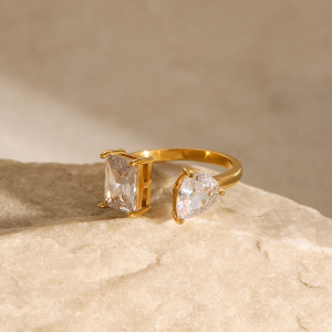 Bague Ajustable Pour Femme, En Acier Inoxydable Délicat, Étanche, Plaquée Or Et Ornée De Zircon (1 Pièce). h5 Image4