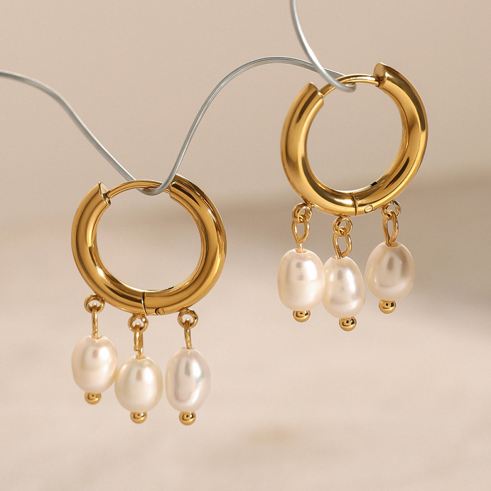 Boucles D'Oreilles Femme Style Rétro, Simples, À Pompons, En Acier Inoxydable Plaqué Or Et Perles Artificielles. 