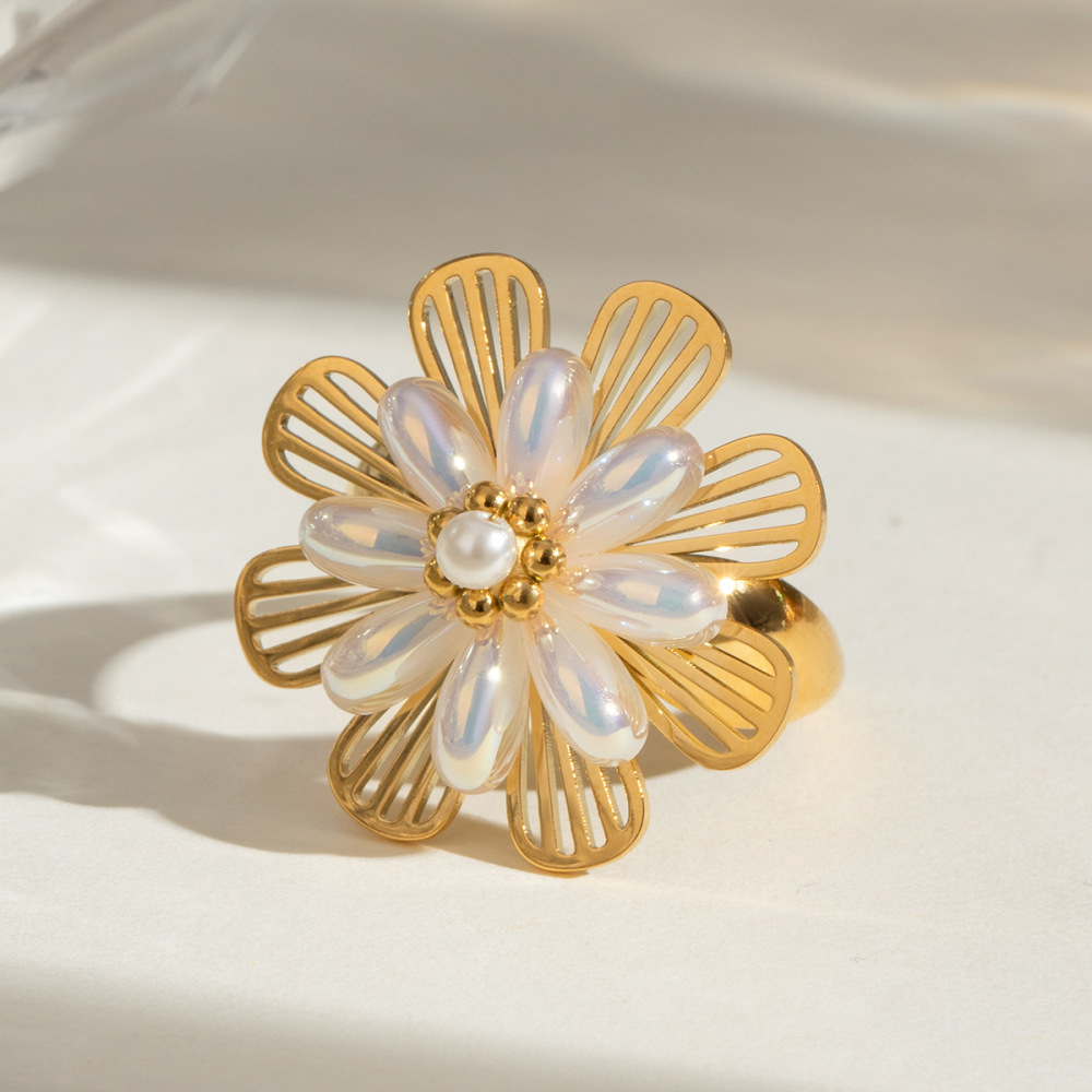 1 Paire De Bagues Ajustables Pour Femme, Série Classique, Style Rétro, En Acier Inoxydable Plaqué Or , Avec Perles Artificielles