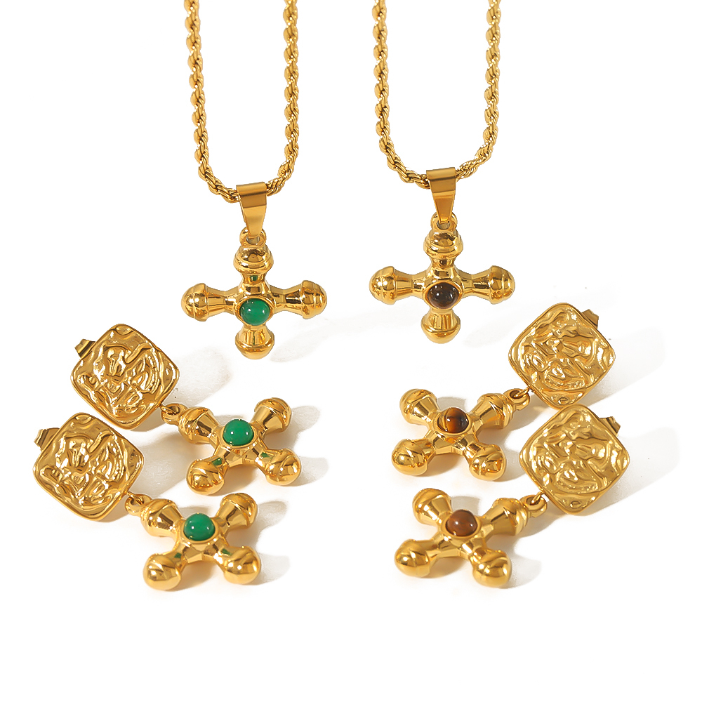 1 Paire De Boucles D'Oreilles Pour Femme, Série Simple, Croix Rétro, Plaqué Or , Pierres Précieuses Artificielles Image3