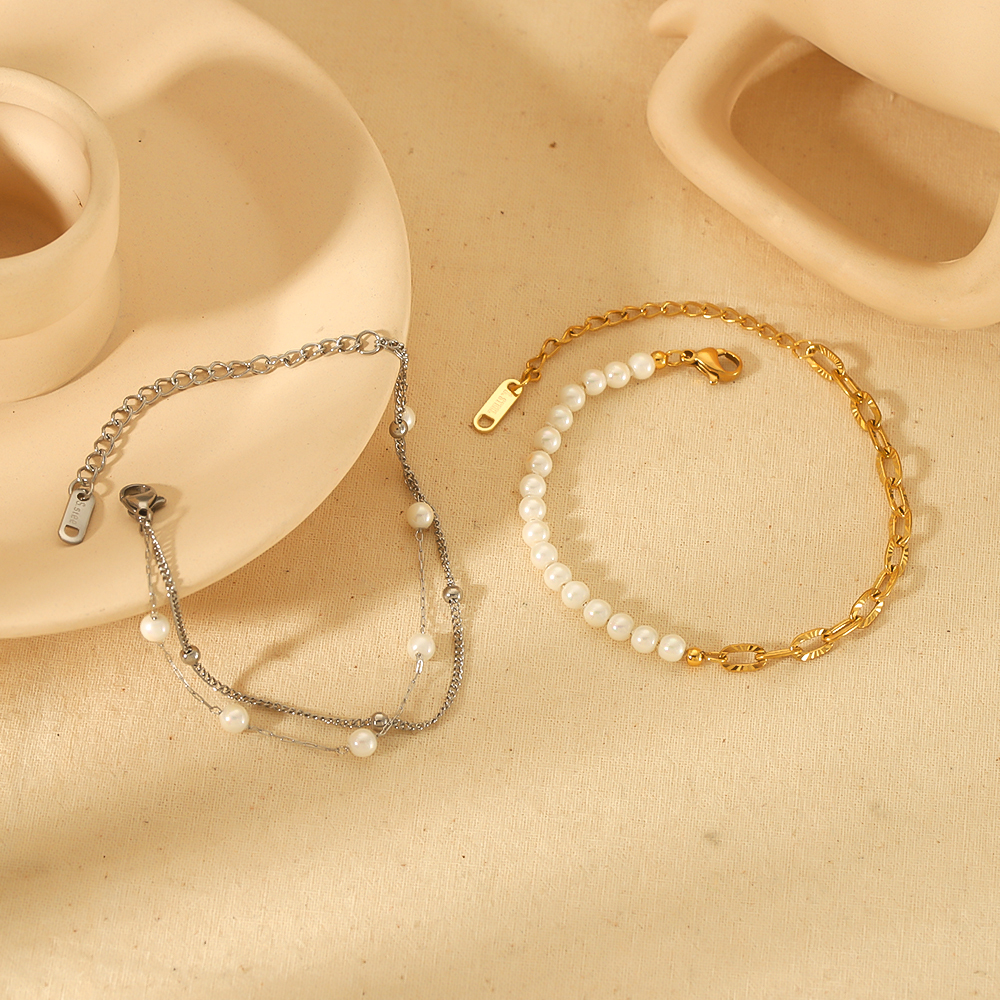 1 Pièce De Bracelet À Chaîne De Perles Double Couche En Acier Inoxydable Plaqué Or  Exquis Et Élégant Pour Bijoux Pour Femmes À Porter Au Quotidien 