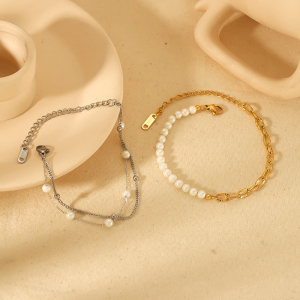 1 Pièce De Bracelet À Chaîne De Perles Double Couche En Acier Inoxydable Plaqué Or  Exquis Et Élégant Pour Bijoux Pour Femmes À Porter Au Quotidien h5 