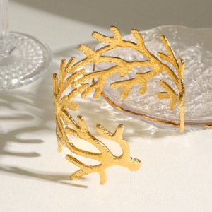 Bracelet Pour Femme En Acier Inoxydable Plaqué Or , Série Simple, Motif Végétal Rétro, 1 Pièce h5 