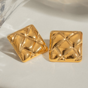 1 Paire De Boucles D'Oreilles Puces Carrées À Carreaux Rétro En Acier Inoxydable Étanche Couleur Or h5 