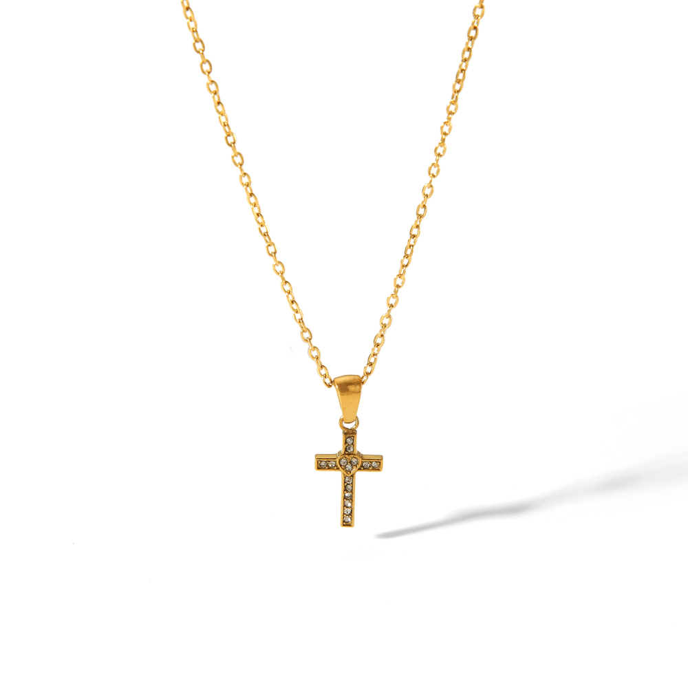 1 Pièce De Collier Simple Classique En Acier Inoxydable Plaqué Or  Avec Croix En Forme De Cœur Et De Diamant Pour Un Usage Quotidien Pour Femme Image3