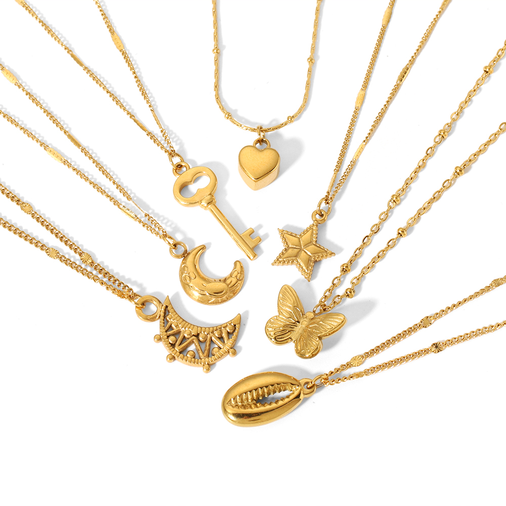 Collier Pendentif Géométrique En Acier Inoxydable Plaqué Or , 1 Pièce, Classique Et Tendance, Coquillage, Lune Et Papillon, Bijoux Pour Femmes, Usage Quotidien Image3