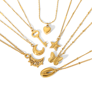 Collier Pendentif Géométrique En Acier Inoxydable Plaqué Or , 1 Pièce, Classique Et Tendance, Coquillage, Lune Et Papillon, Bijoux Pour Femmes, Usage Quotidien h5 Image3