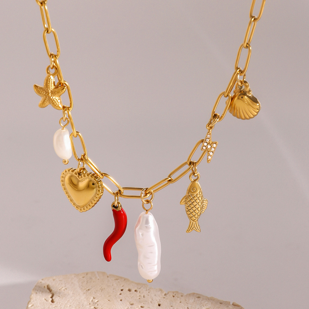 Collier Avec Pendentif Tortue De Vacances En Acier Inoxydable Plaqué Or  Et Perles Artificielles Pour Femme, Série Simple, 1 Pièce 