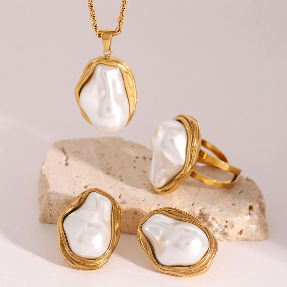 1 Paire De Bagues Ajustables Élégantes En Acier Inoxydable Plaqué Or Pour Femme, Série Simple, Motif Géométrique, Coquillage Image3
