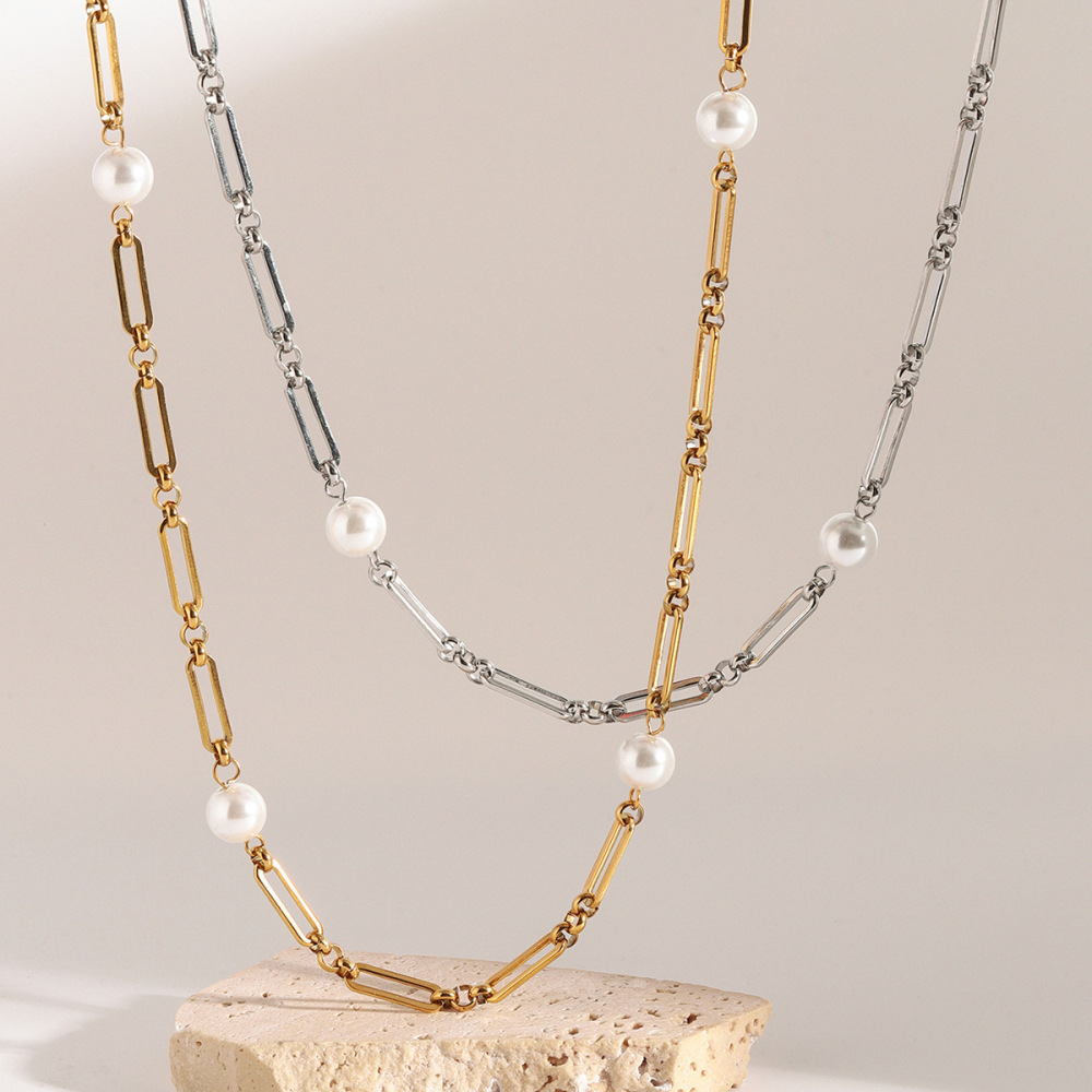Collier Élégant En Acier Inoxydable Plaqué Or Avec Perles Artificielles Pour Femme, Série Simple, Élégant Et Géométrique h5Image2