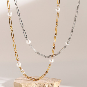 Collier Élégant En Acier Inoxydable Plaqué Or Avec Perles Artificielles Pour Femme, Série Simple, Élégant Et Géométrique h5 Image2