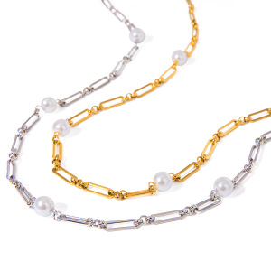 Collier Élégant En Acier Inoxydable Plaqué Or Avec Perles Artificielles Pour Femme, Série Simple, Élégant Et Géométrique h5 Image4