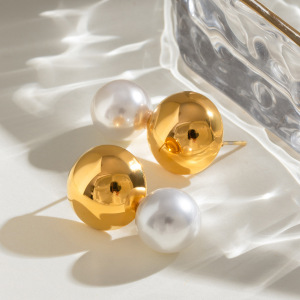 1 Paire De Boucles D'Oreilles À Tige Géométriques Élégantes En Acier Inoxydable Plaqué Or Avec Perles Artificielles Pour Femmes h5