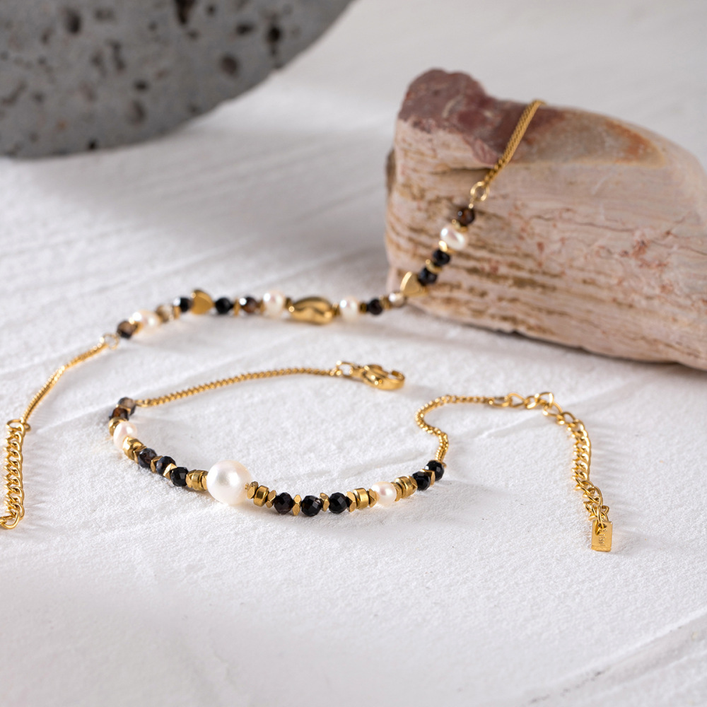 Bracelet À Breloques Pour Femme, Série Simple, Perles Élégantes, En Acier Inoxydable Plaqué Or , Pierre Naturelle Image3