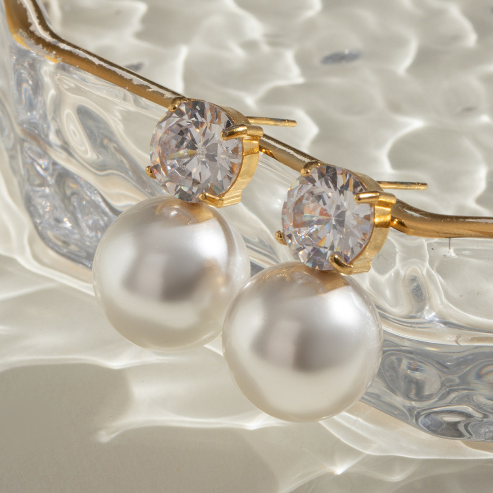 1 Paire De Boucles D'Oreilles À Tige Géométriques Élégantes En Acier Inoxydable Plaqué Or  Avec Perles Artificielles Pour Femmes 