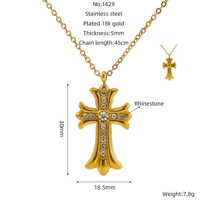 Collier Avec Pendentif Croix Simple En Acier Titane Plaqué Or Et Strass Pour Femme, Série Simple, 1 Pièce h5Image2
