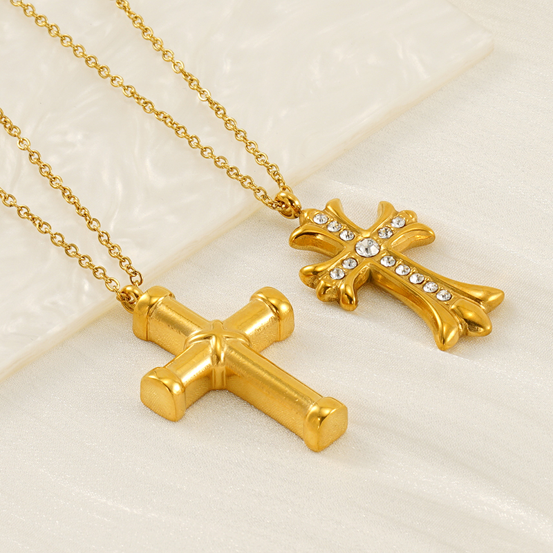 Collier Avec Pendentif Croix Simple En Acier Titane Plaqué Or Et Strass Pour Femme, Série Simple, 1 Pièce Image3