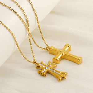 Collier Avec Pendentif Croix Simple En Acier Titane Plaqué Or Et Strass Pour Femme, Série Simple, 1 Pièce h5 Image4