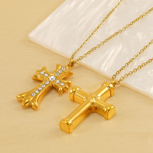 Collier Avec Pendentif Croix Simple En Acier Titane Plaqué Or Et Strass Pour Femme, Série Simple, 1 Pièce h5 Image5