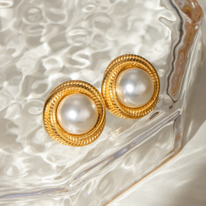 1 Paire De Boucles D'Oreilles À Tige Géométriques Rétro En Acier Inoxydable Plaqué Or Avec Perles Artificielles Pour Femmes h5