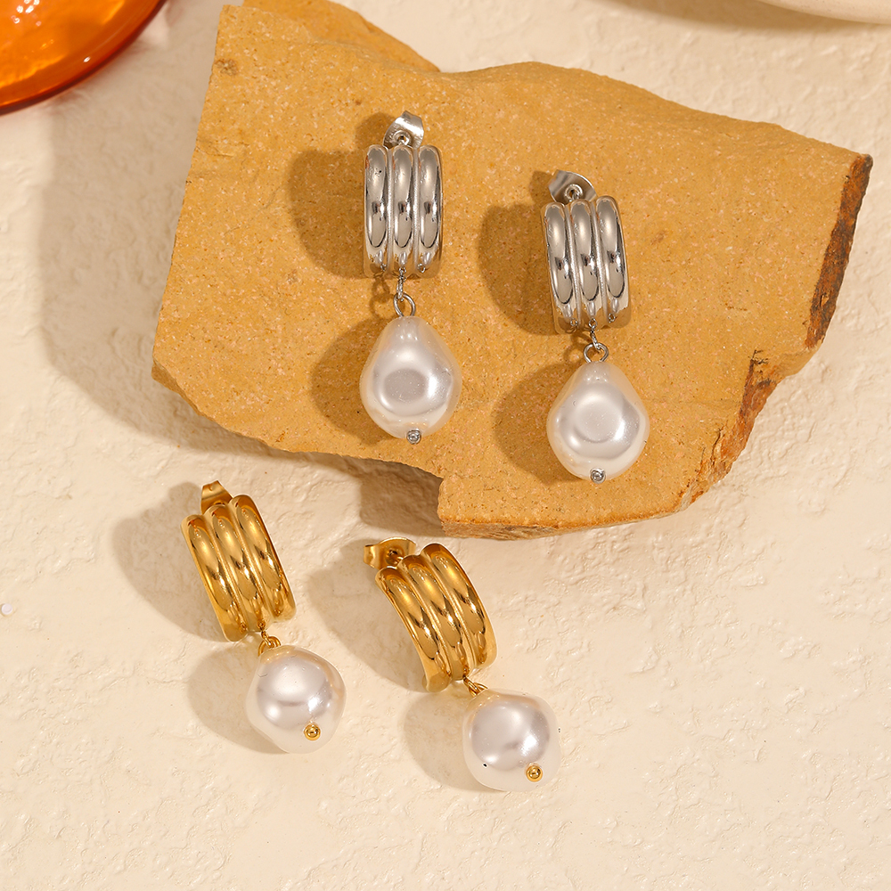 1 Paire De Boucles D'Oreilles Pendantes Géométriques Rétro Plaquées Or Avec Perles Artificielles 
