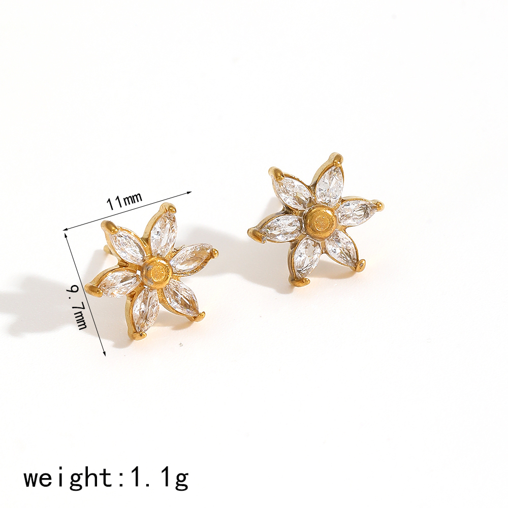 Boucles D'Oreilles Puces Pour Femmes En Acier Inoxydable, Imperméables, Couleur Or, En Forme De Fleur Délicate Et Ornées De Zircon. Image4