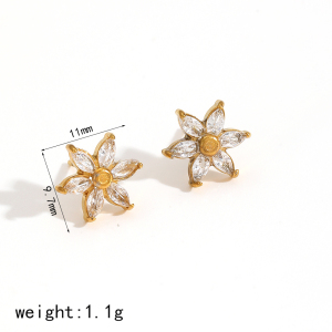 Boucles D'Oreilles Puces Pour Femmes En Acier Inoxydable, Imperméables, Couleur Or, En Forme De Fleur Délicate Et Ornées De Zircon. h5 Image4