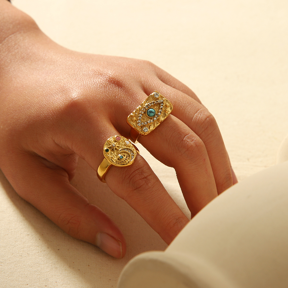 1 Pièce De Bague En Acier Inoxydable Plaqué Or  À La Mode Avec Œil De Lave En Diamant Coloré Pour Femme À Porter Au Quotidien 