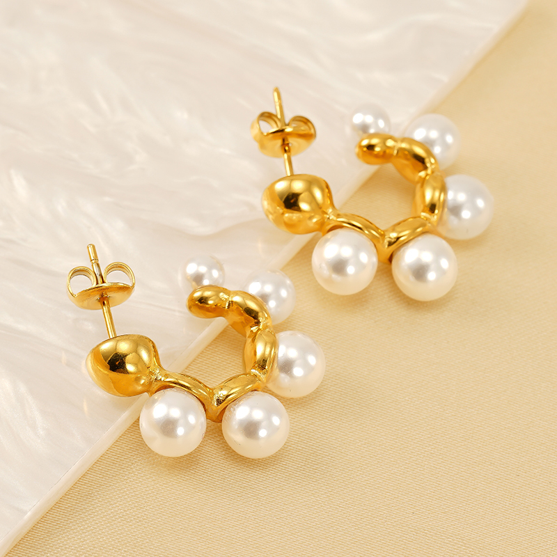 1 Paire De Boucles D'Oreilles Pendantes Géométriques Simples En Acier Inoxydable Plaqué Or  Avec Perles Artificielles Pour Femmes 