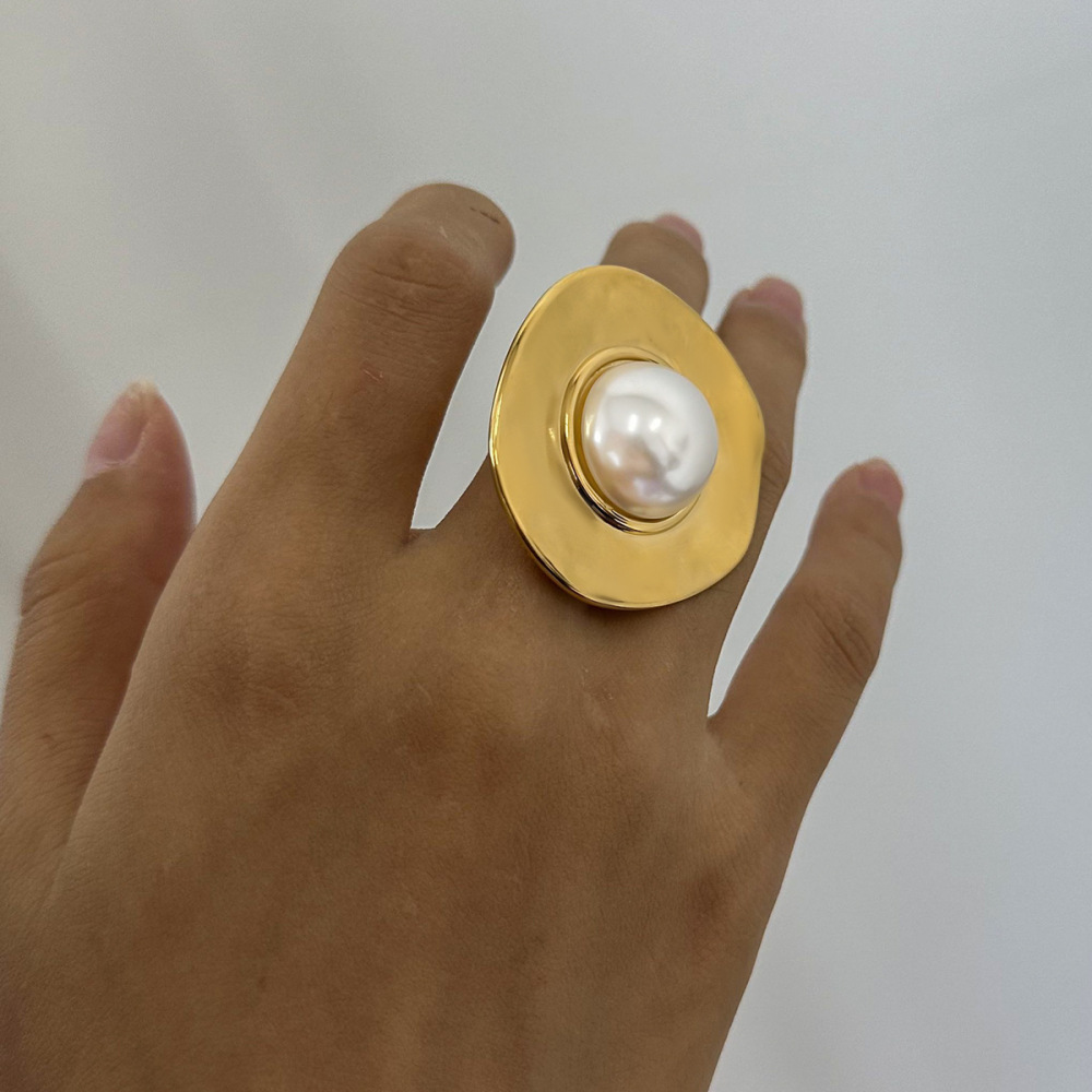 1 Paire De Bagues Ajustables Rétro Géométriques En Acier Inoxydable Plaqué Or  Avec Perles Artificielles Pour Femme Image4