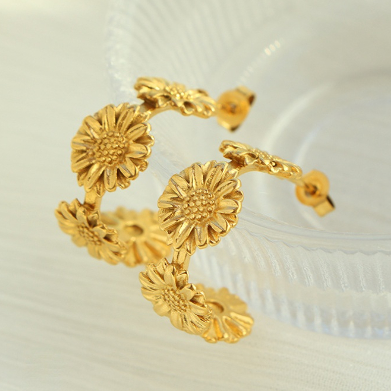 1 Paire De Boucles D'Oreilles Créoles Rétro En Acier Inoxydable Plaqué Or Pour Femme, Série Romantique h5Image4