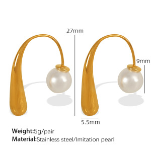 1 Paire De Boucles D'Oreilles À Tige Géométriques Simples En Acier Inoxydable Plaqué Or  Avec Perles Artificielles Pour Femmes h5 Image2
