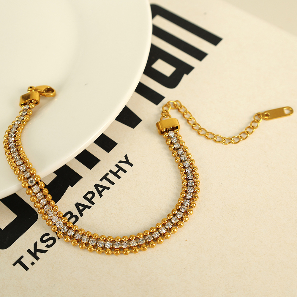 Bracelet Chaîne Pour Femme, Série Luxueuse, Perles Simples, En Acier Inoxydable Plaqué Or , Strass h5Image2