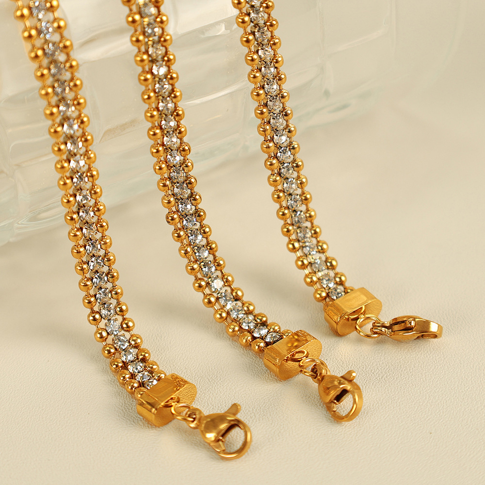 Bracelet Chaîne Pour Femme, Série Luxueuse, Perles Simples, En Acier Inoxydable Plaqué Or , Strass h5Image3
