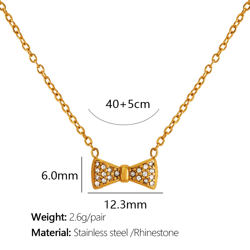 Collier Avec Pendentif En Forme De Nœud Papillon En Acier Inoxydable Plaqué Or  Et Strass Pour Femme, Série Simple Image2