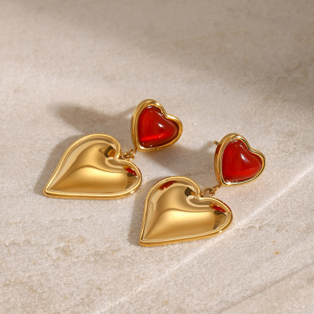 1 paire de boucles d'oreilles pendantes en acier inoxydable plaqué or , série classique, cœur doux, avec pierres précieuses artificielles pour femmes