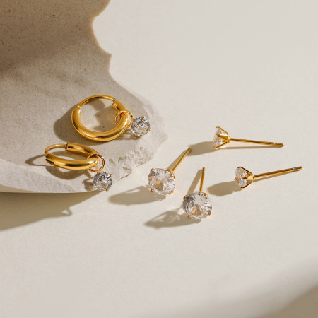 1 paire de boucles d'oreilles géométriques simples en acier inoxydable plaqué or  et zircon pour femme