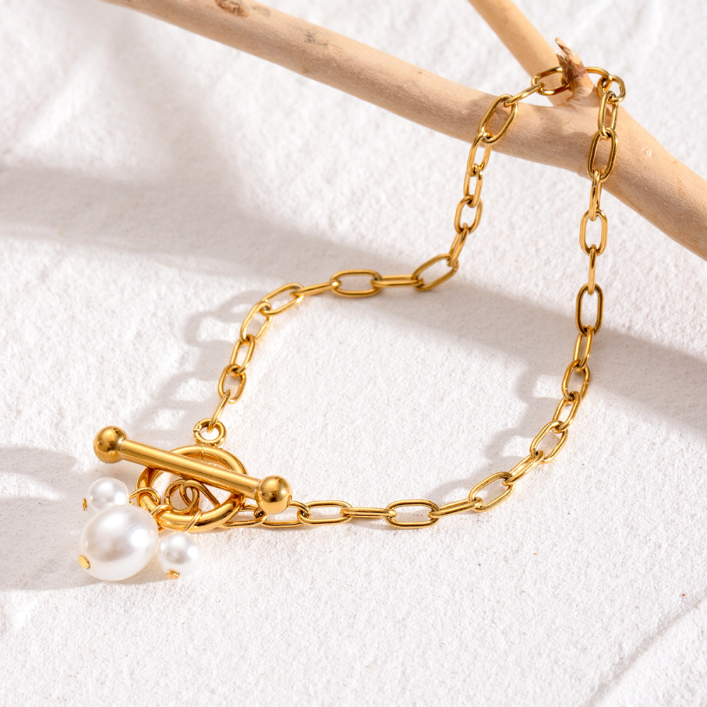 Bracelet À Breloques Géométrique En Acier Inoxydable Plaqué Or  Avec Perles Artificielles Pour Femme, Série Simple, 1 Pièce 