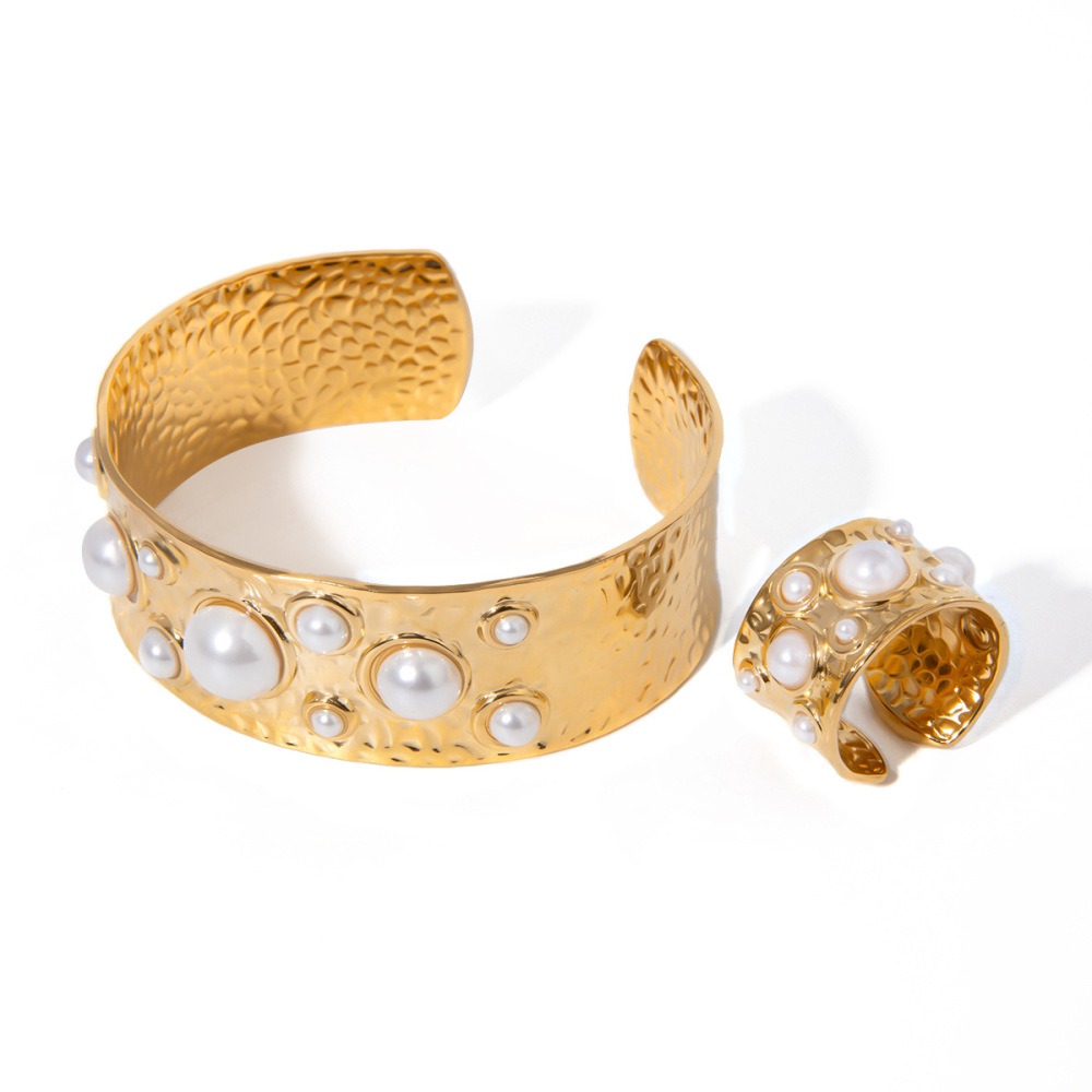 1 Paire De Bagues Ajustables Rétro Géométriques En Acier Inoxydable Plaqué Or Avec Perles Artificielles Pour Femme, Série Classique Image5