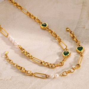 Collier Chaîne Pour Femme En Acier Inoxydable Plaqué Or Avec Perles Artificielles, Série Simple, Cœur Doux h5 Image3