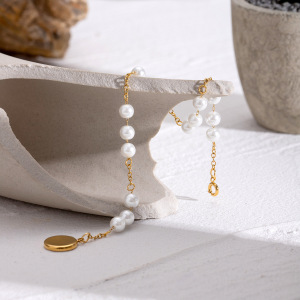 Bracelet De Perles Artificielles Pour Femme, Série Simple, Perles Douces, En Acier Inoxydable Plaqué Or  h5 Image4