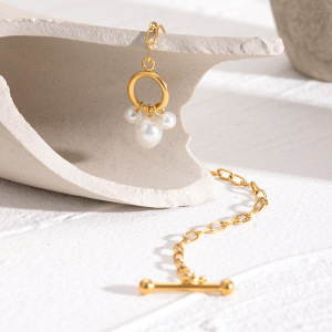 Bracelet À Breloques Géométrique En Acier Inoxydable Plaqué Or Avec Perles Artificielles Pour Femme, Série Simple, 1 Pièce h5 Image3